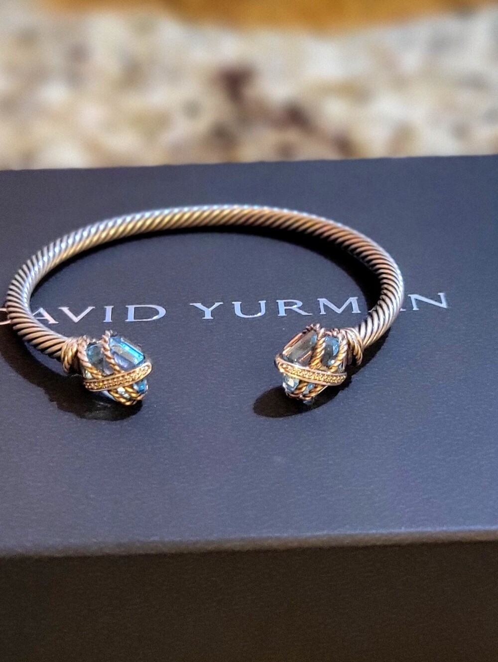 David Yurman Blue Topaz and Pave Diamond 4 mm Cable Wire Bracelet - Picture 13 of 16
